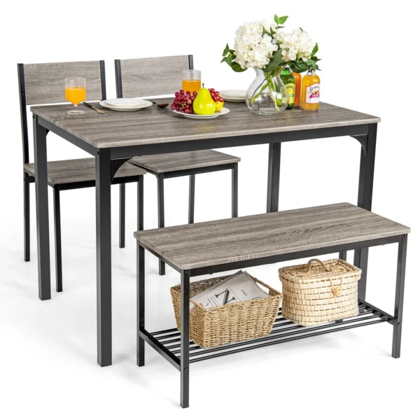 Gymax 4pcs Dining Table Set Rustic Desk 2 Chairs & Bench w/ Storage Rack Grey